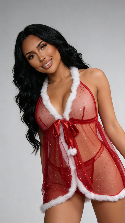 Holly sequin mesh babydoll with faux fur trim from Be Wicked
