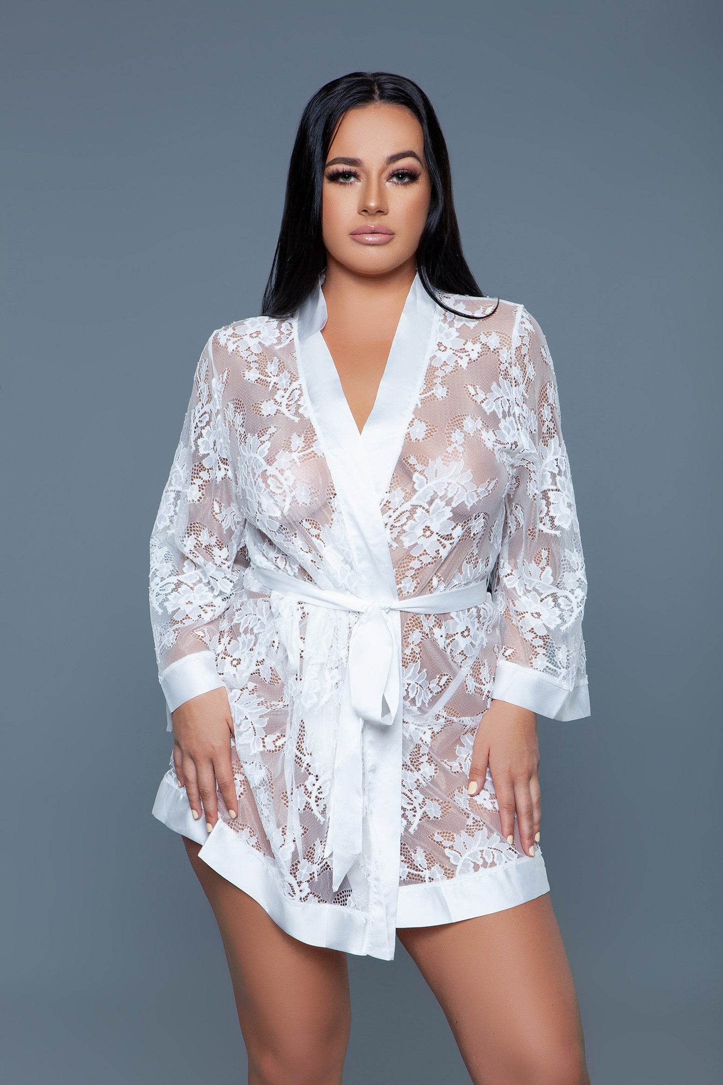 2275 Delia Robe Floral Lace Robe with Satin Trimming